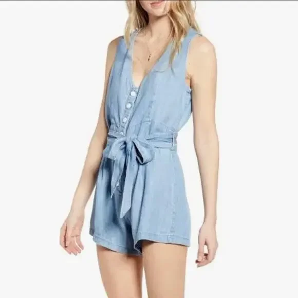 Rails SZ L Blue Chambray Denim Tank Button Front Romper - Picture 2 of 9